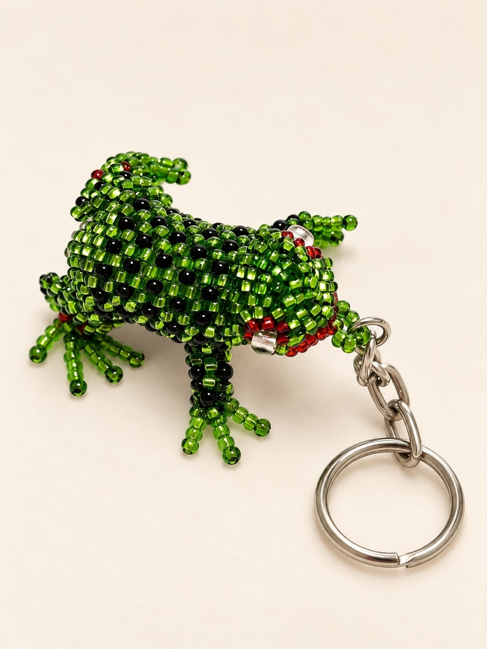 Green Beaded Frog Keychain Black Red Bead Bag Charm